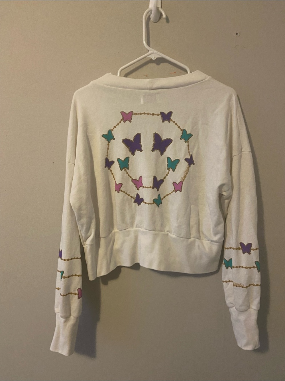 Lauren Moshi camas butterfly charm happy face cardigan cropped med white